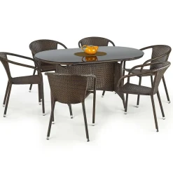 Garnero Arredamenti Set tavolo in vetro 150x90cm + 6 sedie da giardino in rattan marrone acciaio cromato Cubby Outlet