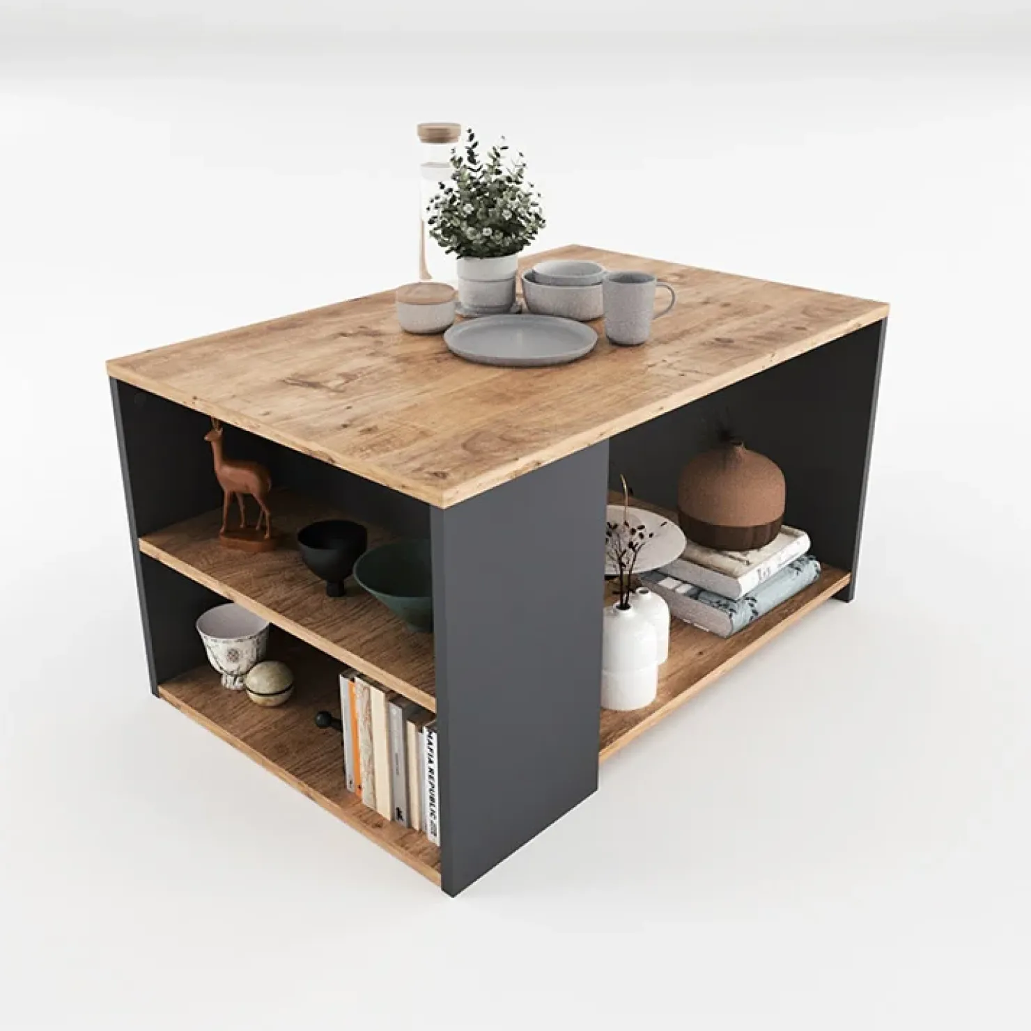 Garnero Arredamenti Tavolino da salotto con ripiani 90x48cm antracite rovere Luzon Sale