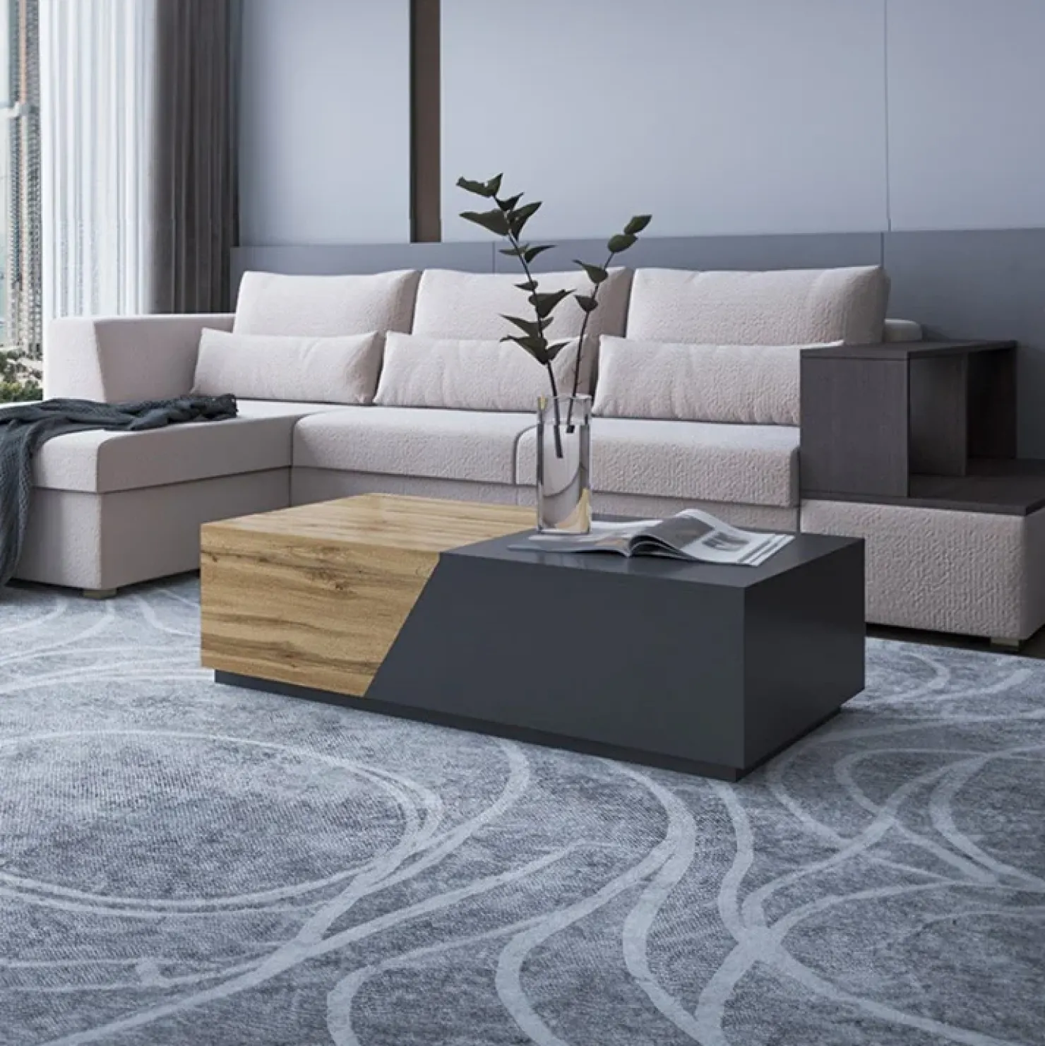 Garnero Arredamenti Tavolino da salotto contenitore 60x124cm apribile rovere antracite Modesta Antracite - Rovere