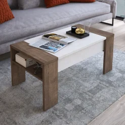 Garnero Arredamenti Tavolino da salotto contenitore 100x50cm moderno bianco spatolato noce Emmet Gihome® Bianco Opaco - Noce Discount