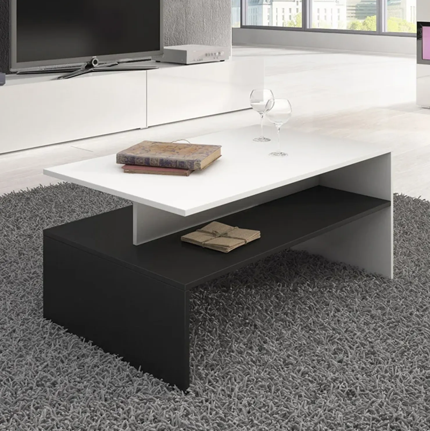 Garnero Arredamenti Tavolino da salotto design 100x45cm bianco e nero Emotion Gihome® Nero Opaco - Bianco opaco Best
