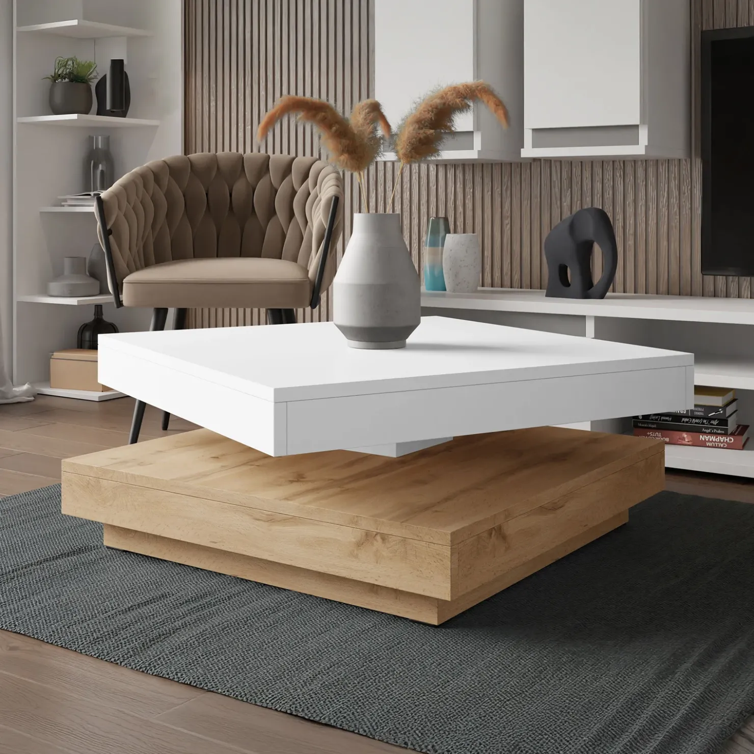 Garnero Arredamenti Tavolino da salotto quadrato 70x70cm rotante rovere bianco Rotol Bianco Opaco - Rovere New