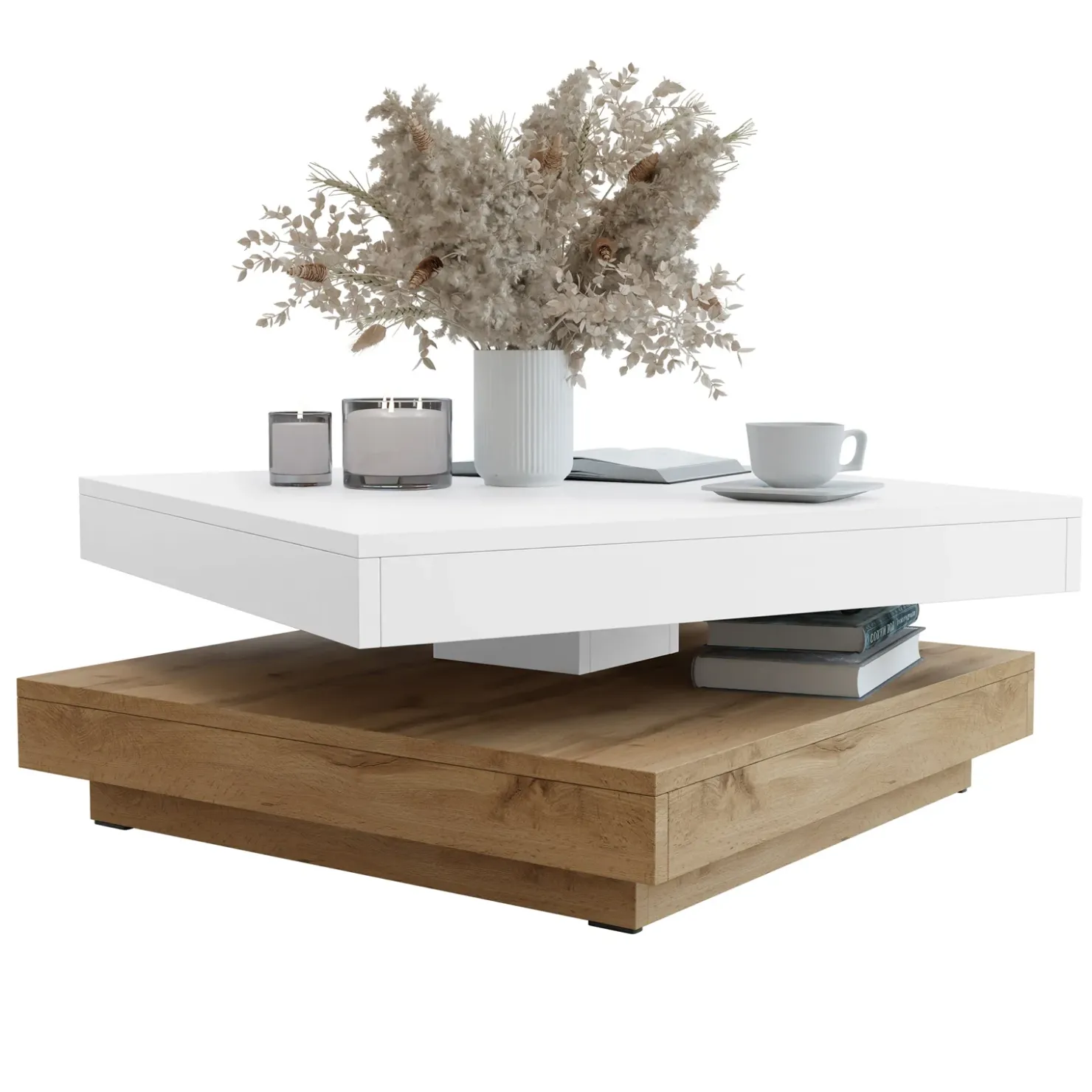 Garnero Arredamenti Tavolino da salotto quadrato 70x70cm rotante rovere bianco Rotol Bianco Opaco - Rovere New