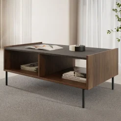 Garnero Arredamenti Tavolino da salotto 97x60 cm 2 vani a giorno piano effetto marmo nero noce Caliva Discount