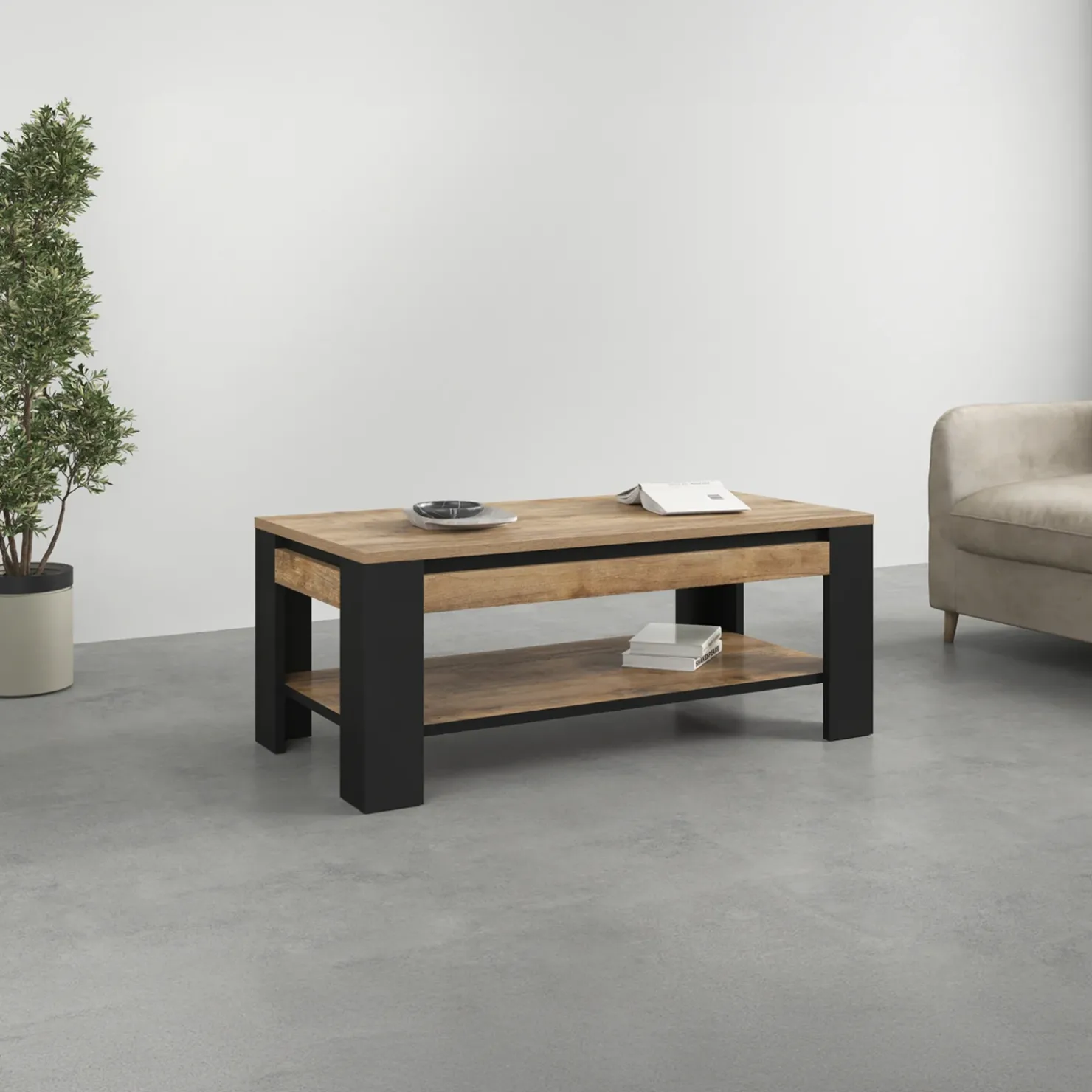 Garnero Arredamenti Tavolino da salotto 120x60 cm moderno rovere rustico nero Ilyssa Discount