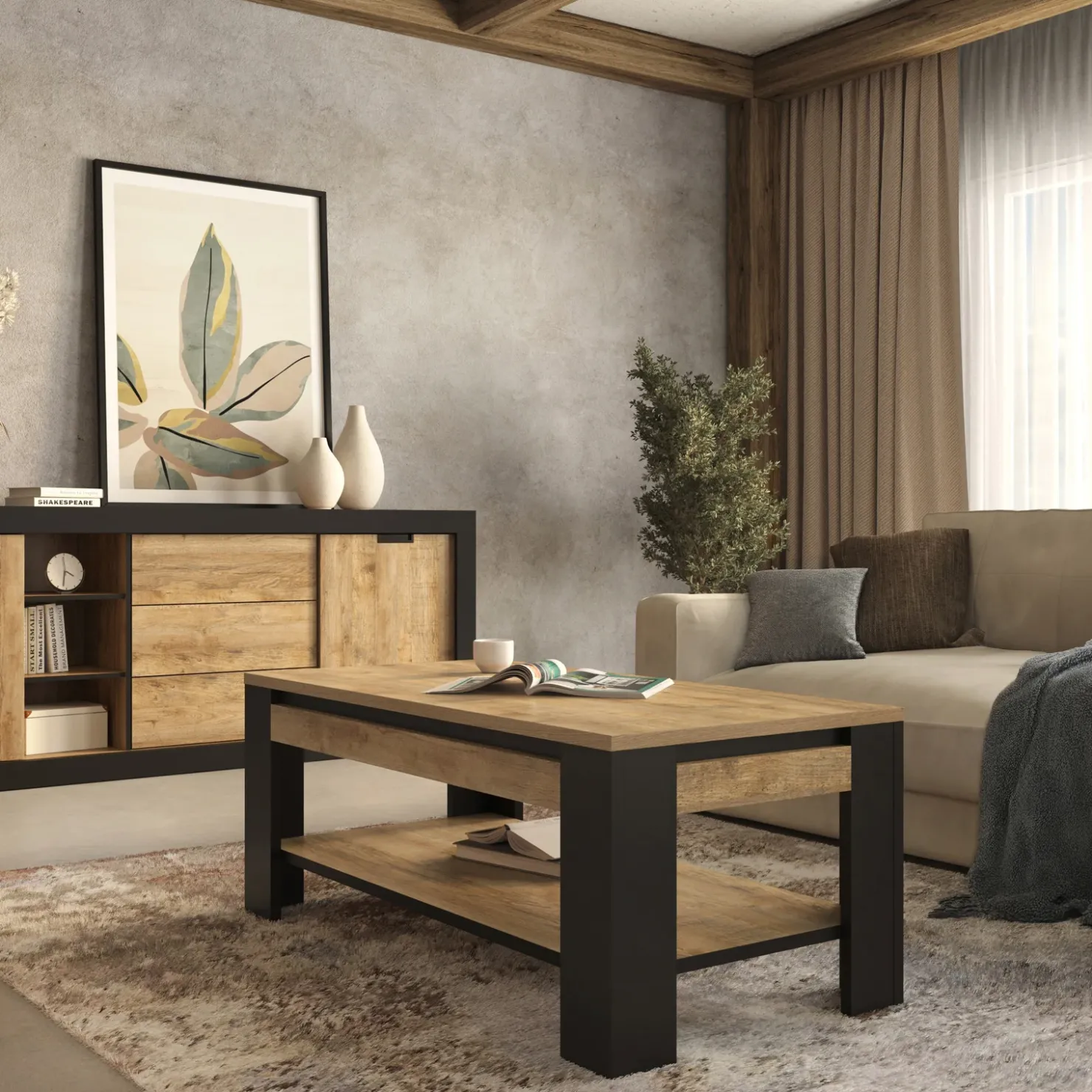 Garnero Arredamenti Tavolino da salotto 120x60 cm moderno rovere rustico nero Ilyssa Discount