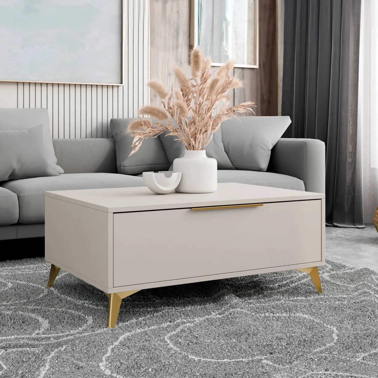 Garnero Arredamenti Tavolino da salotto 104x45cm 2 cassetti a frontale unico beige Miriam