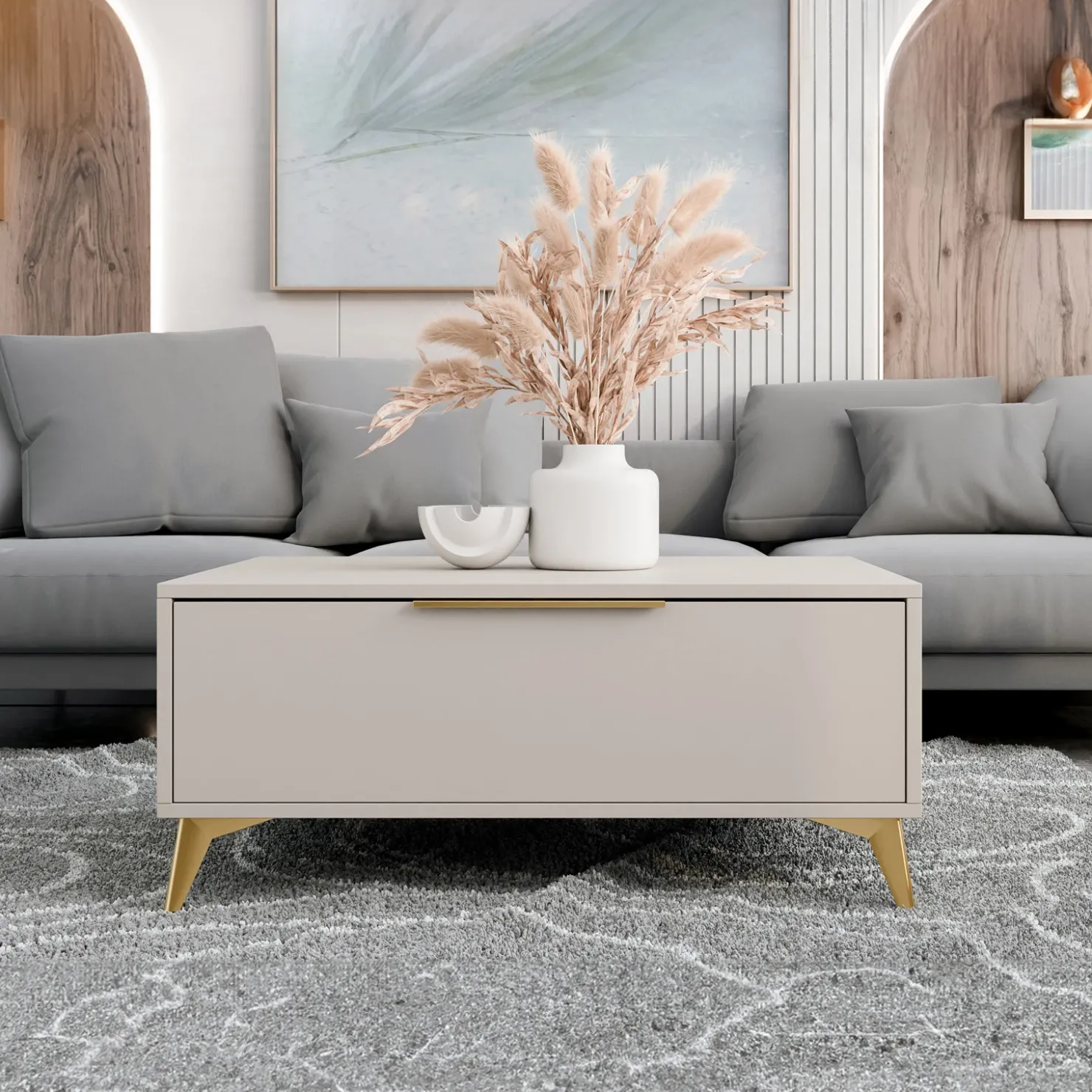 Garnero Arredamenti Tavolino da salotto 104x45cm 2 cassetti a frontale unico beige Miriam