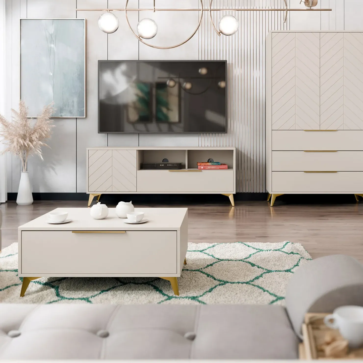 Garnero Arredamenti Tavolino da salotto 104x45cm 2 cassetti a frontale unico beige Miriam