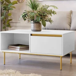 Garnero Arredamenti Tavolino da salotto 100x50cm 1 anta bianco oro Praga Bianco Opaco - Oro Online