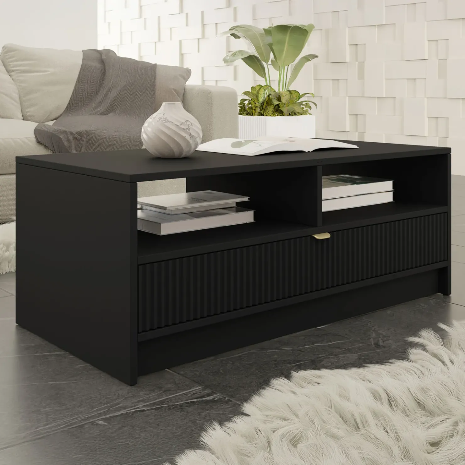 Garnero Arredamenti Tavolino da salotto 100x50cm con cassetto cannettato nero Athena Nero Opaco Outlet