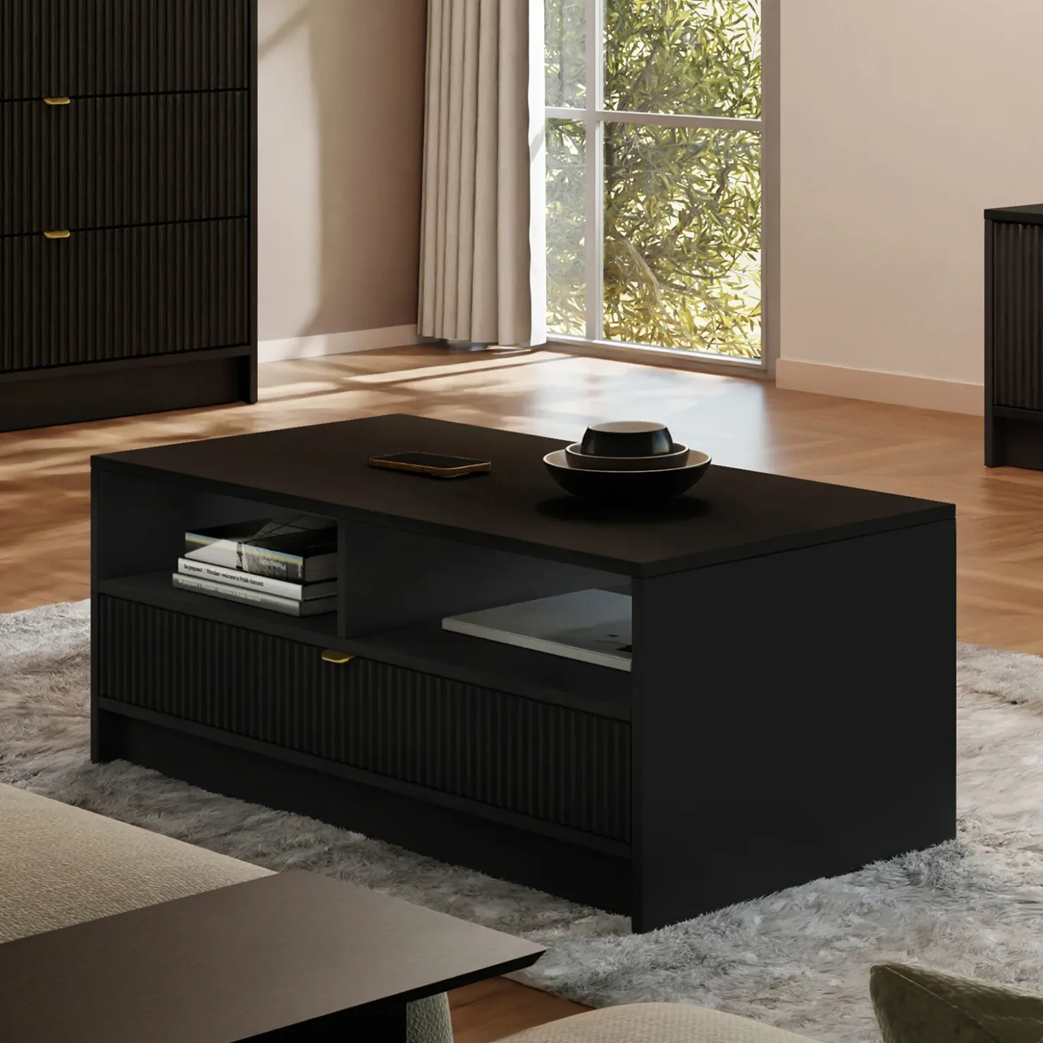 Garnero Arredamenti Tavolino da salotto 100x50cm con cassetto cannettato nero Athena Nero Opaco Outlet