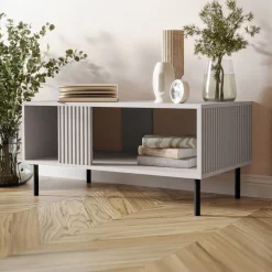 Garnero Arredamenti Tavolino da salotto 92x44cm con frontali cannettati beige Ziggy