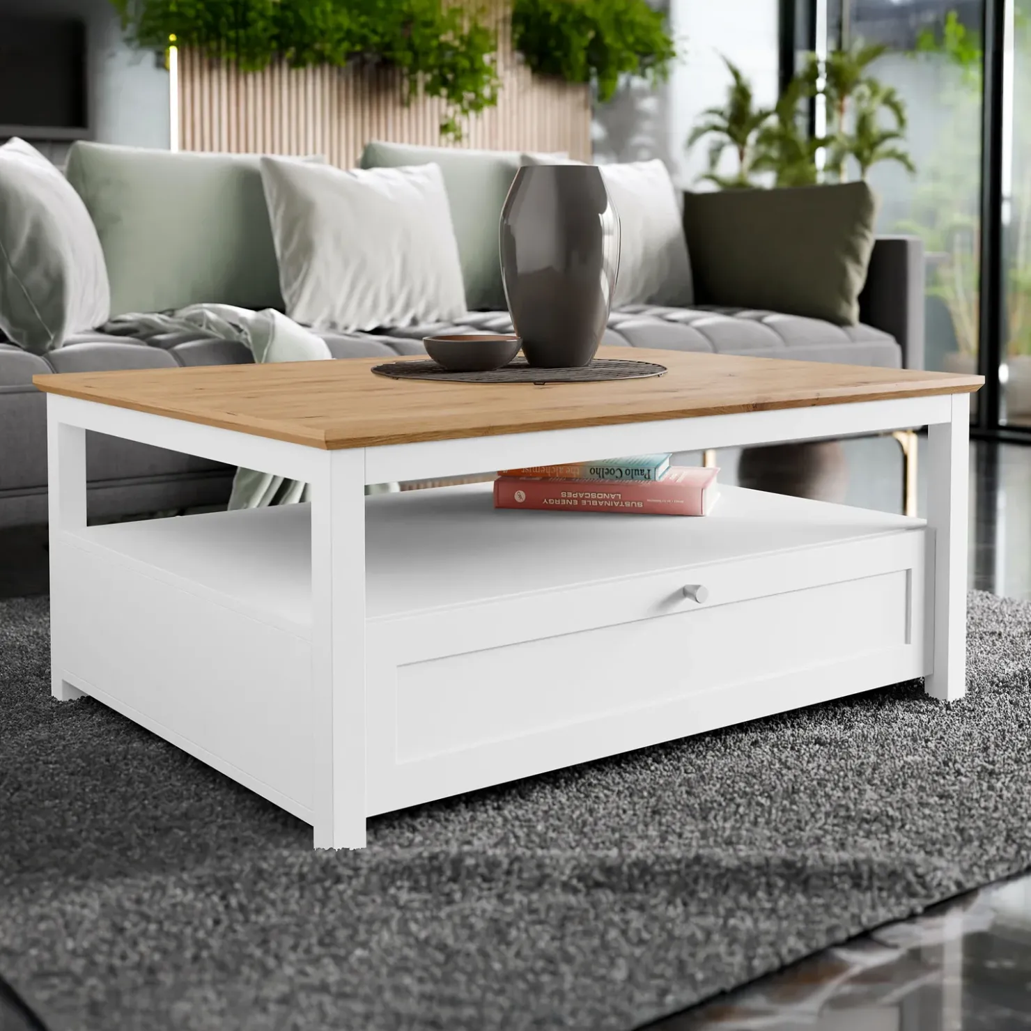 Garnero Arredamenti Tavolino da salotto 104x80cm con cassetto bianco rovere Relaxio Discount