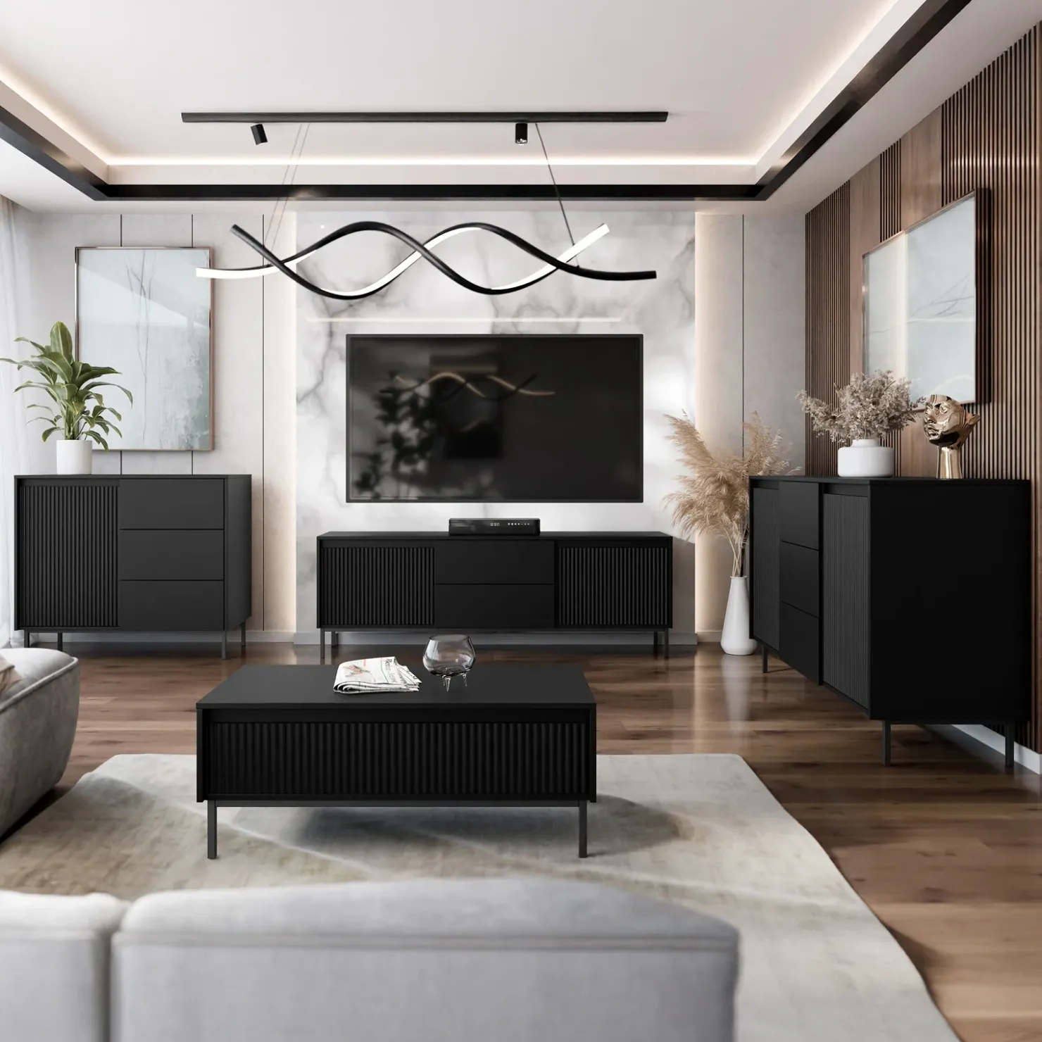 Garnero Arredamenti Tavolino da salotto 100x50cm design cannettato nero Strike Nero Opaco Clearance