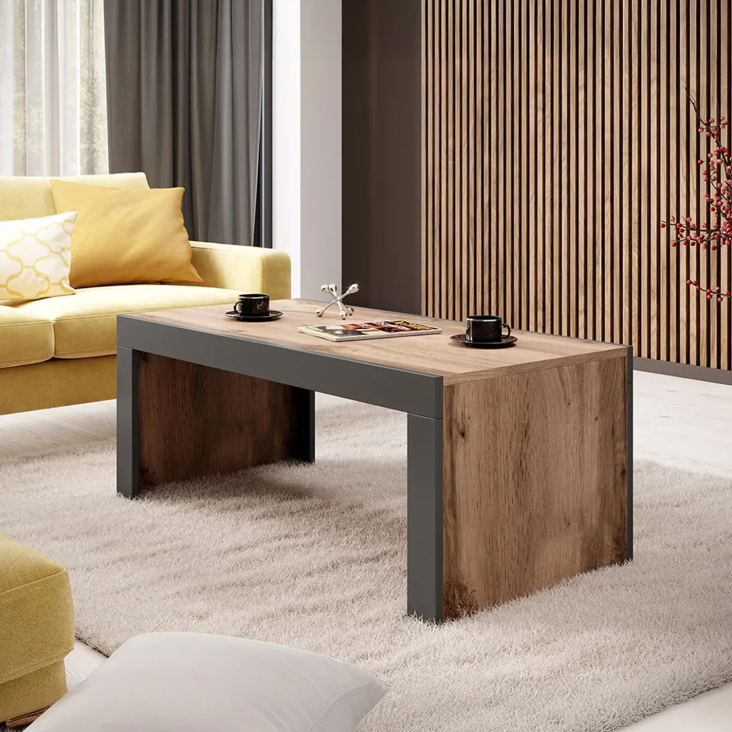 Garnero Arredamenti Tavolino da salotto 120x60cm moderno rovere rustico antracite Calyssa