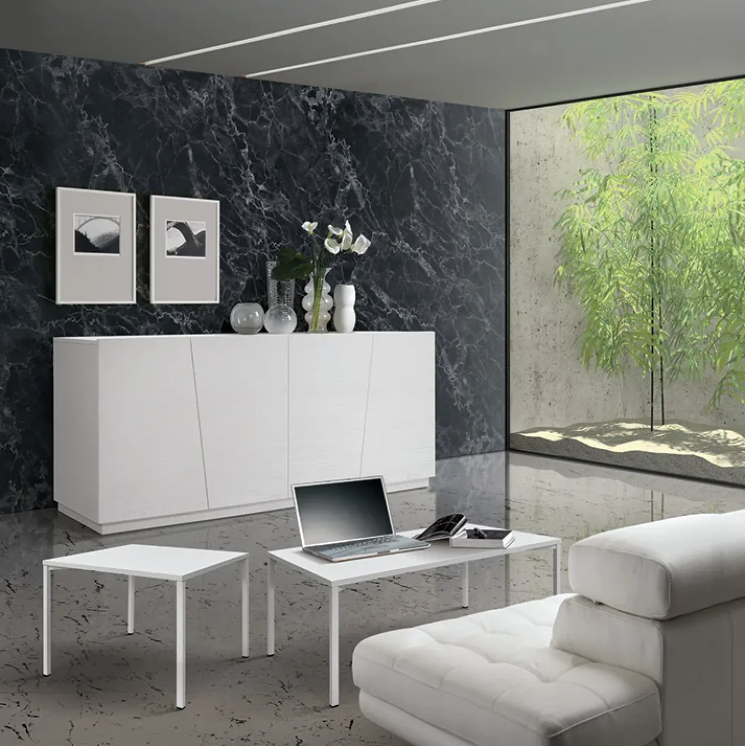 Garnero Arredamenti Tavolino 55x55 cm da salotto frassino metallo Blade Bianco New