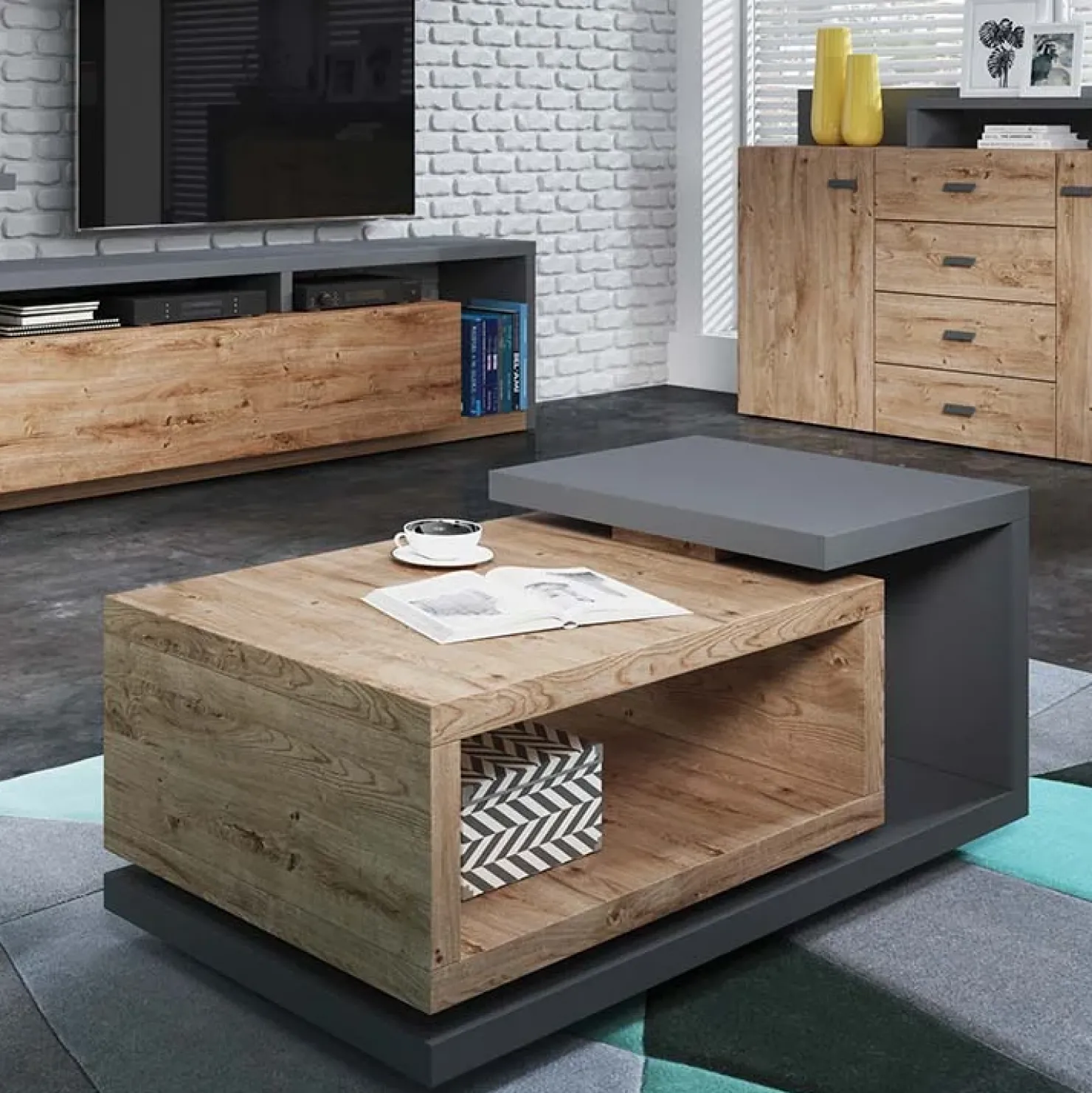 Garnero Arredamenti Tavolino 120x60cm da salotto design rovere antracite Megan Gihome® Antracite - Rovere Clearance