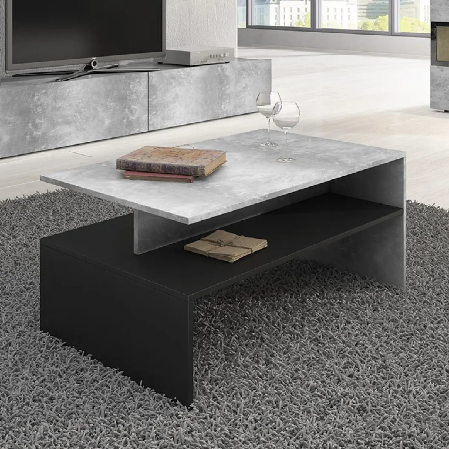 Garnero Arredamenti Tavolino 100x45cm da salotto design cemento e nero Emotion Gihome® Nero Opaco - Cemento