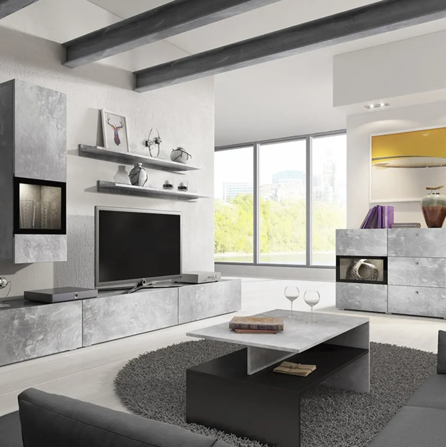 Garnero Arredamenti Tavolino 100x45cm da salotto design cemento e nero Emotion Gihome® Nero Opaco - Cemento