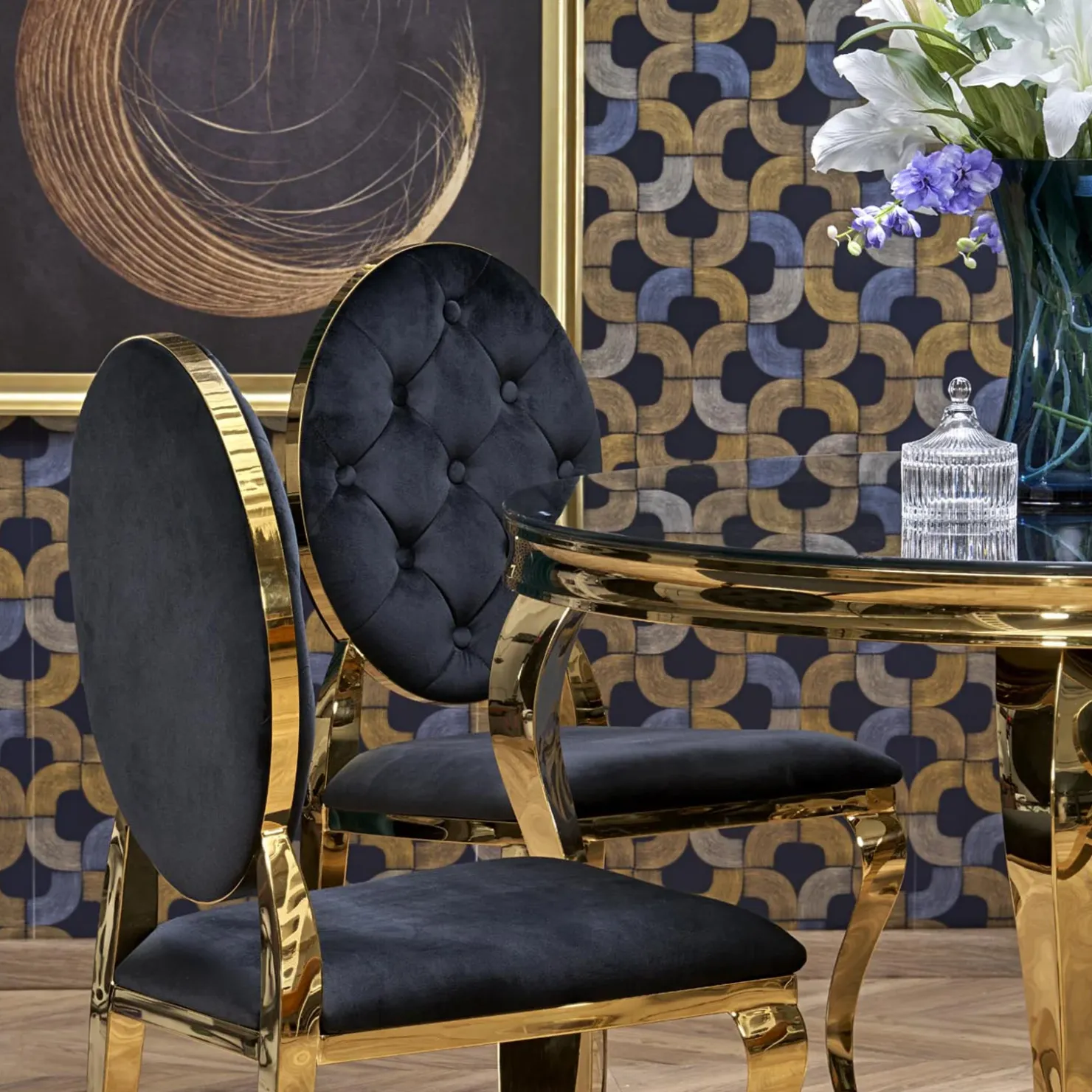 Garnero Arredamenti Tavolo da pranzo rotondo 120cm vetro nero cromato oro Selim Nero - Oro Best