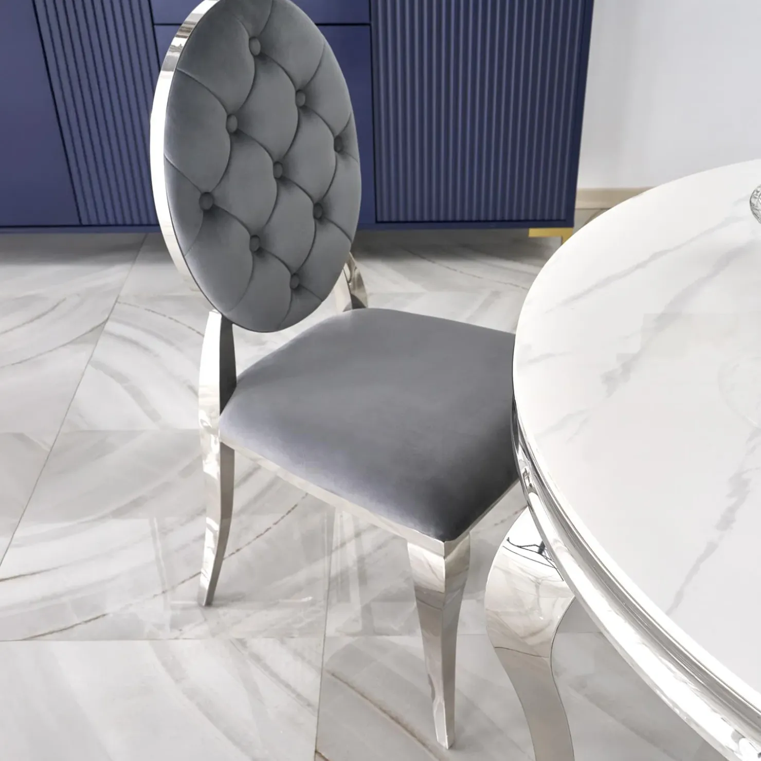 Garnero Arredamenti Tavolo da pranzo rotondo 120cm effetto marmo bianco cromato argento Selim Marmo bianco - Argento Hot