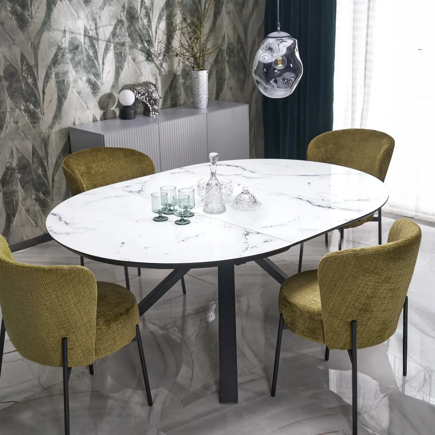 Garnero Arredamenti Tavolo rotondo allungabile 130/180cm vetro effetto marmo bianco nero Galact Discount