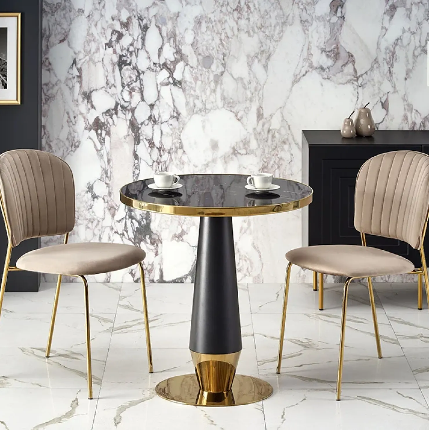 Garnero Arredamenti Tavolo rotondo moderno 59x74cm marmo nero oro Lugana New