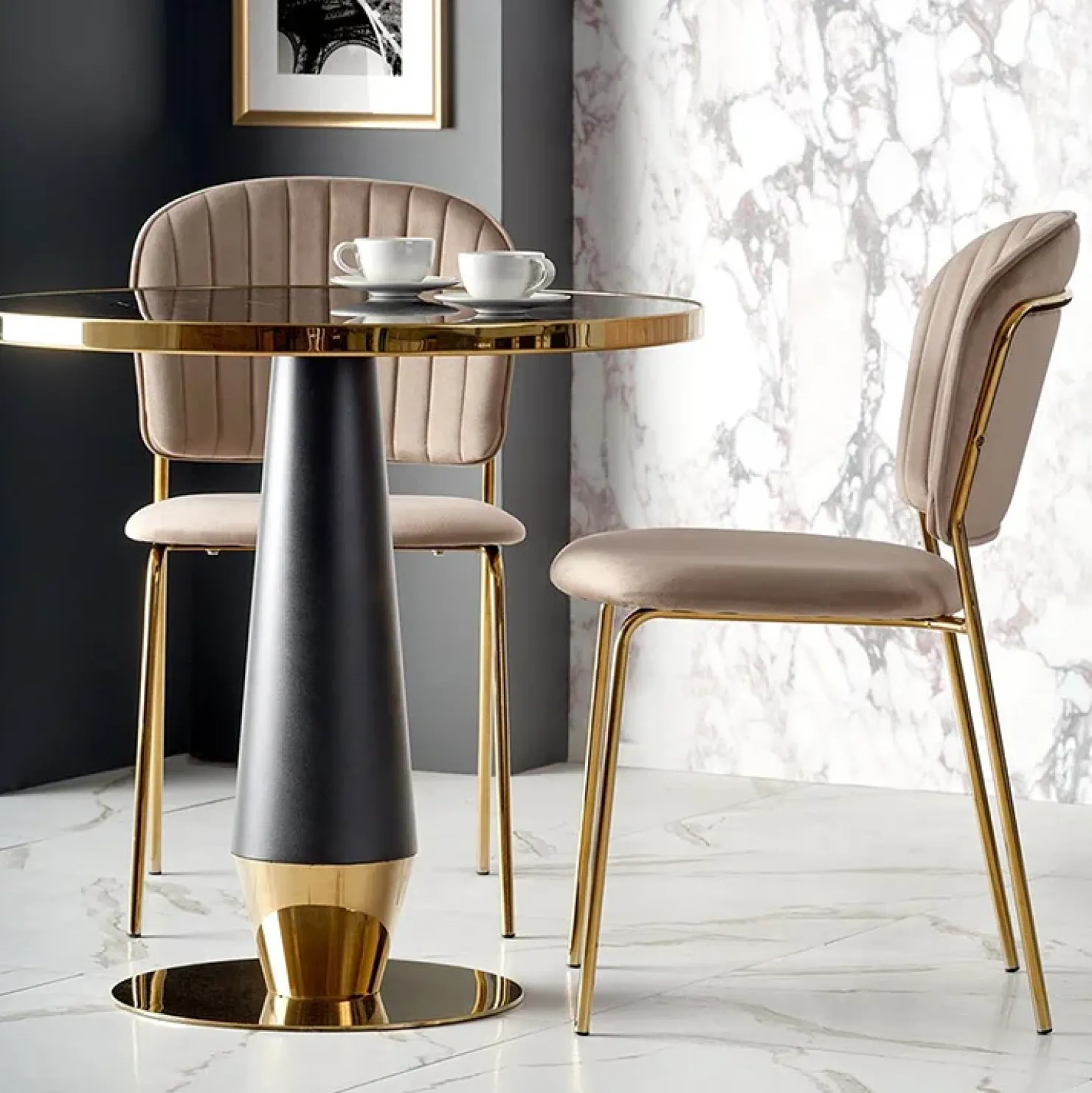 Garnero Arredamenti Tavolo rotondo moderno 59x74cm marmo nero oro Lugana New