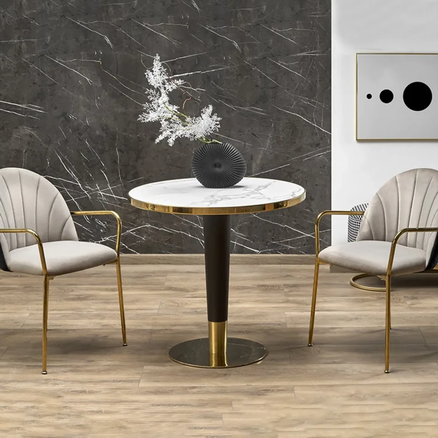 Garnero Arredamenti Tavolo rotondo moderno 79x74cm marmo bianco nero oro Barbera Discount