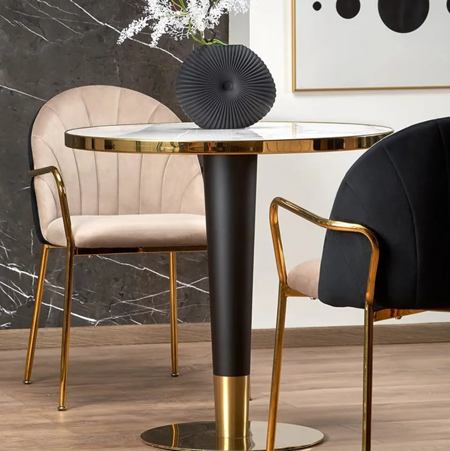 Garnero Arredamenti Tavolo rotondo moderno 79x74cm marmo bianco nero oro Barbera Discount