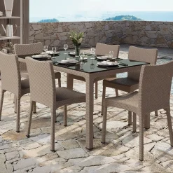 Garnero Arredamenti Tavolo 150x90cm da giardino esterno bar dehors polipropilene effetto rattan e vetro Ezio Tortora Discount