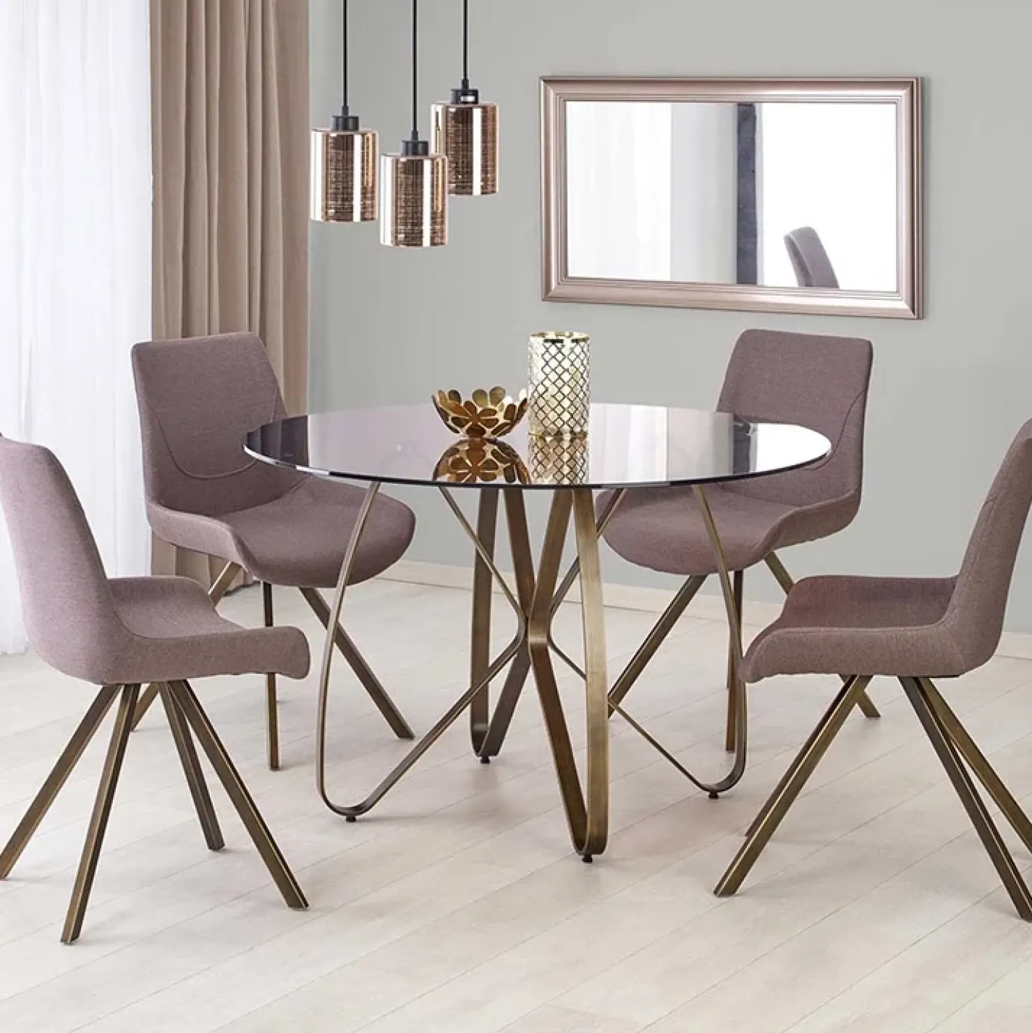 Garnero Arredamenti Tavolo 120x120cm da pranzo in vetro rotondo marrone oro antico Ulisse Gihome® Clearance