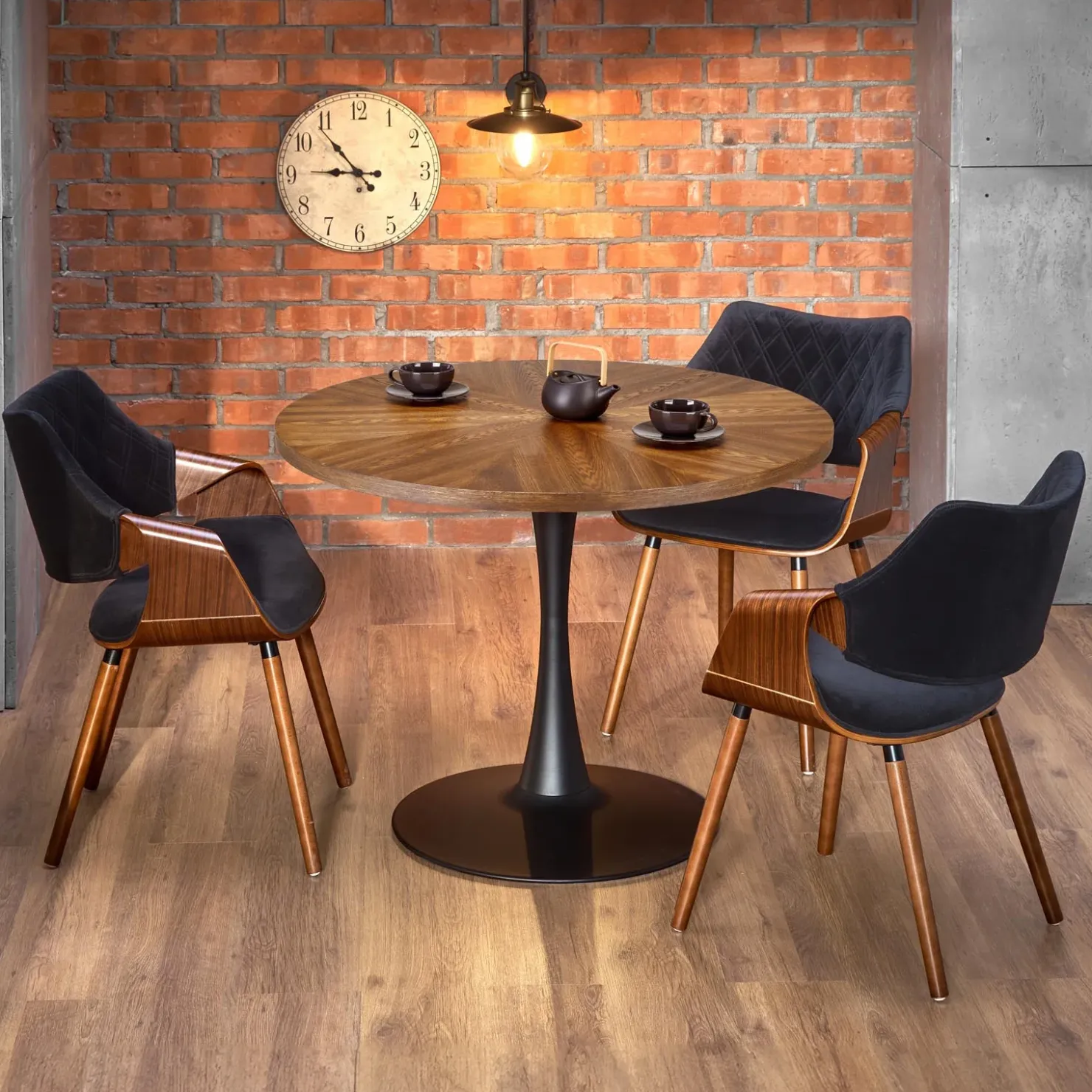 Garnero Arredamenti Tavolo 100x100cm da pranzo rotondo moderno noce acciaio nero Lukla Online