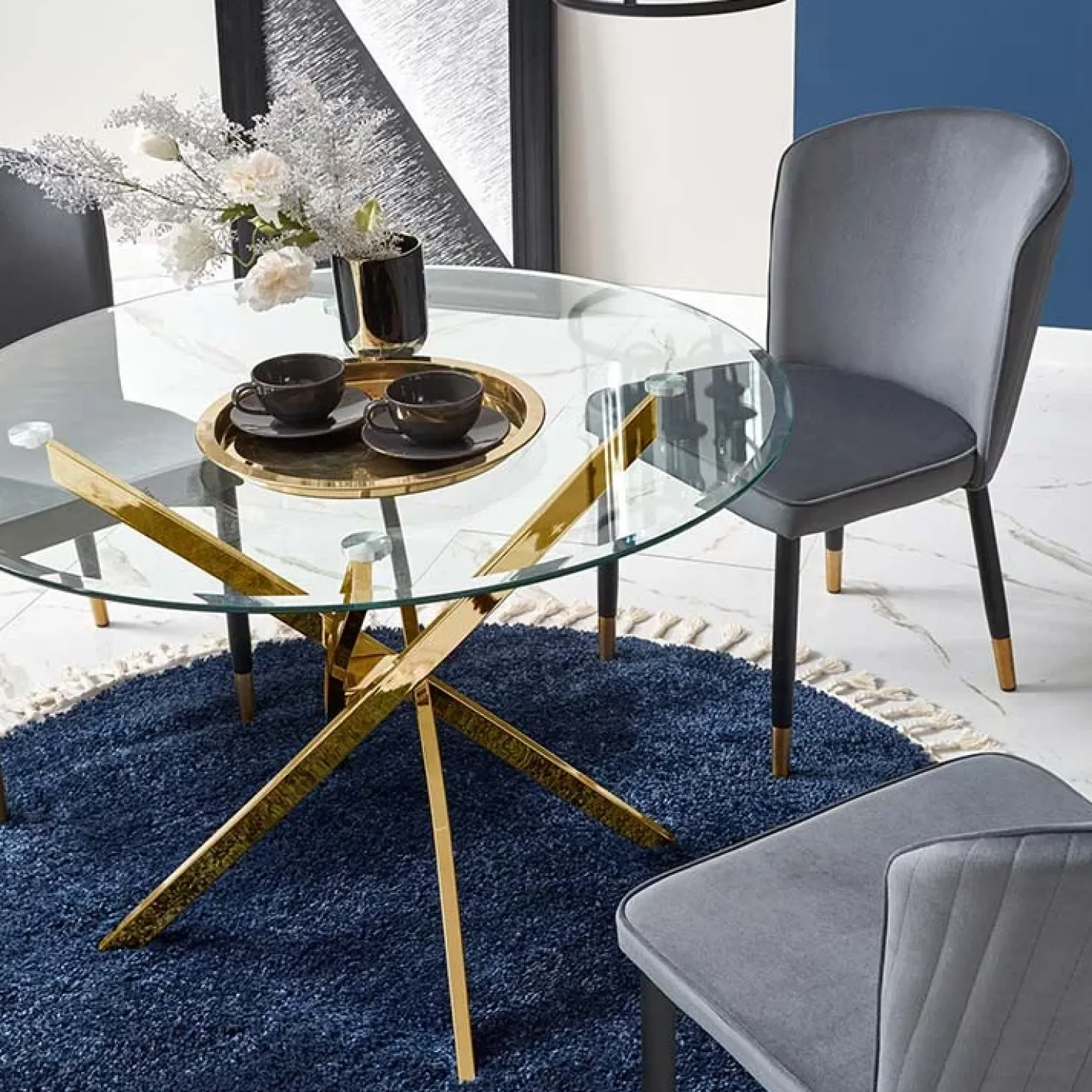 Garnero Arredamenti Tavolo 100x100cm rotondo in vetro acciaio cromato Minerva Gihome® Oro Best