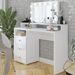 Garnero Arredamenti Toeletta da trucco con cassetti 120x40cm con specchio e led bianco Eloisa Discount