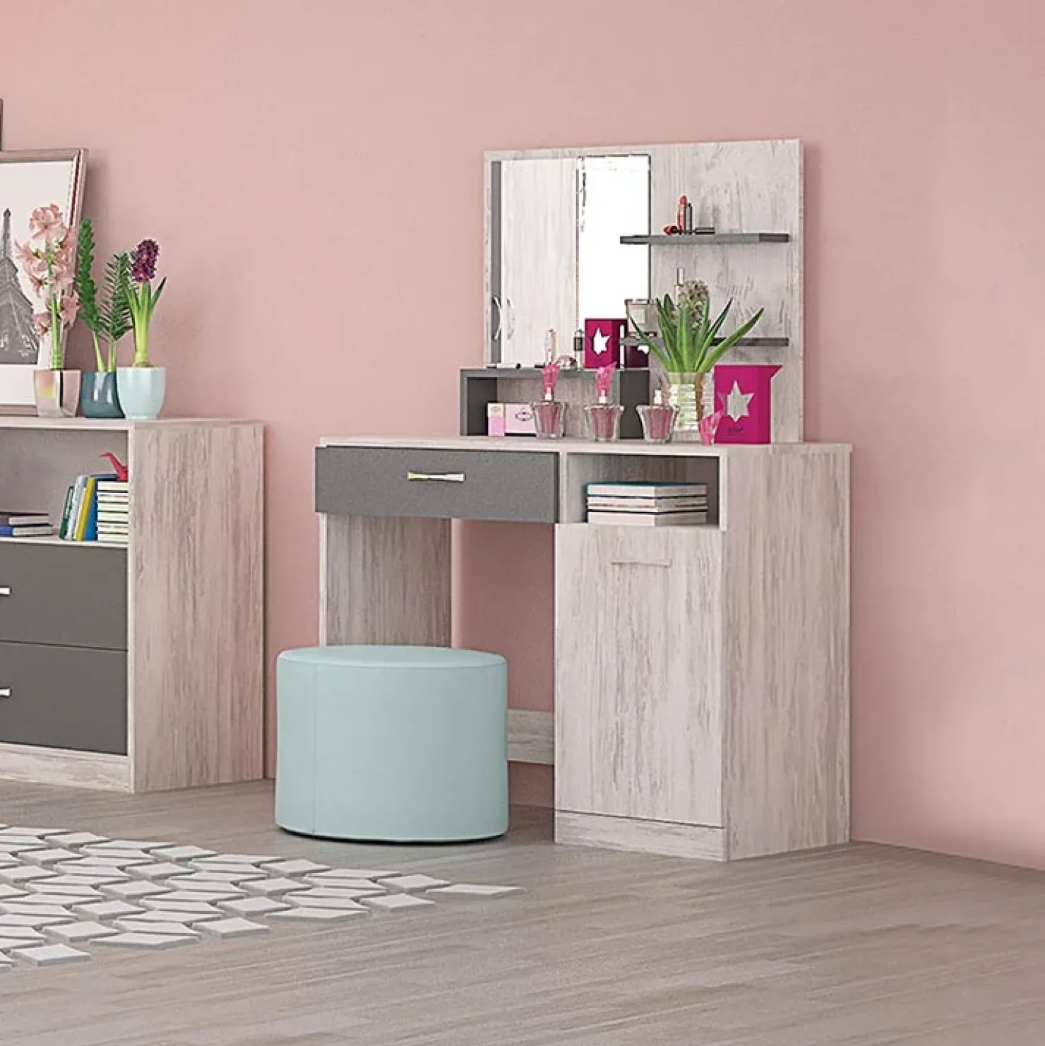 Garnero Arredamenti Toeletta da trucco con specchio 90x133cm bianco frassinato grigio Femme Bianco Frassinato - Grigio Best