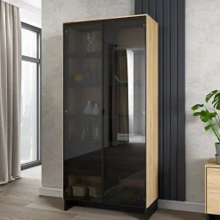 Garnero Arredamenti Vetrina alta 92x196h cm 2 ante vetro 4 cassetti interni rovere nero Alabaster Discount