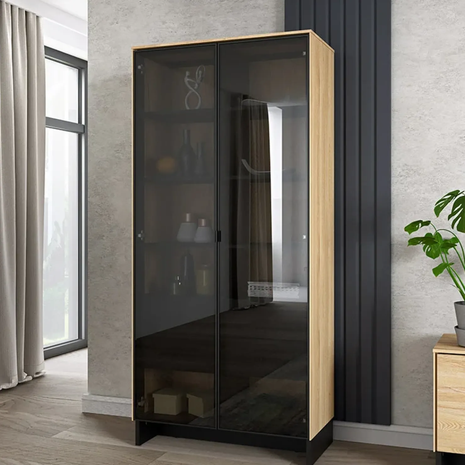 Garnero Arredamenti Vetrina alta 92x196h cm 2 ante vetro 4 cassetti interni rovere nero Alabaster Discount