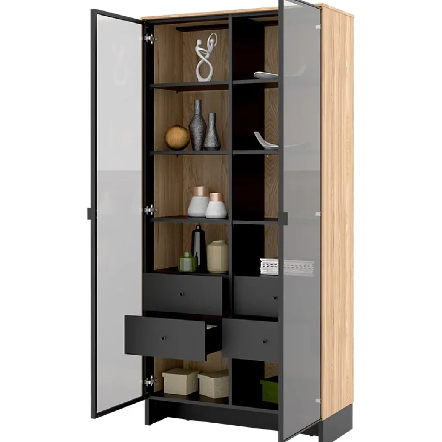 Garnero Arredamenti Vetrina alta 92x196h cm 2 ante vetro 4 cassetti interni rovere nero Alabaster Discount