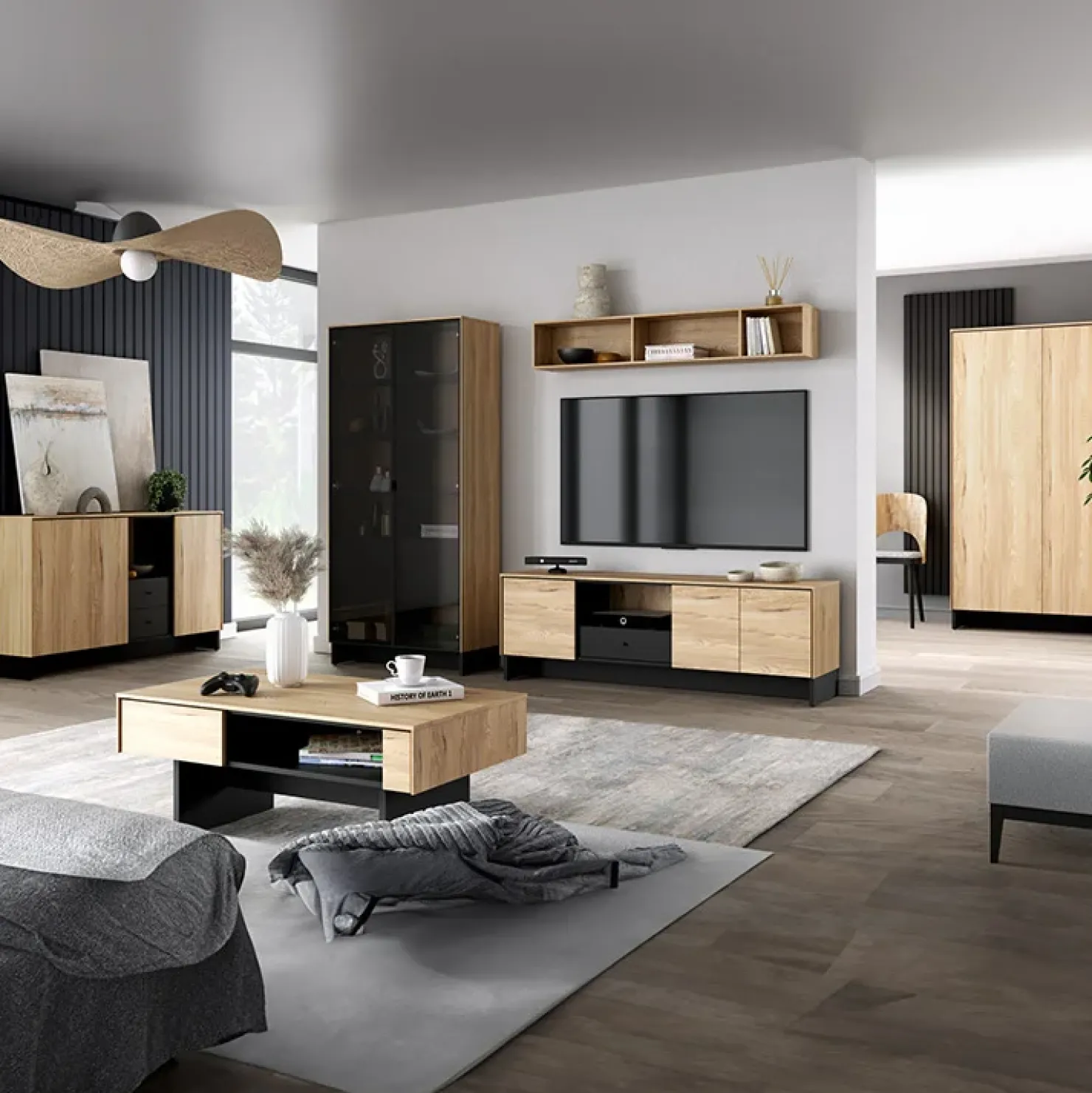 Garnero Arredamenti Vetrina alta 92x196h cm 2 ante vetro 4 cassetti interni rovere nero Alabaster Discount