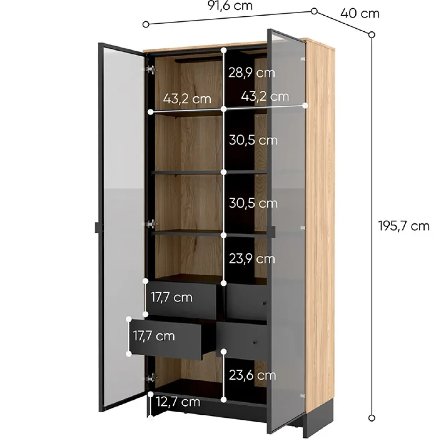 Garnero Arredamenti Vetrina alta 92x196h cm 2 ante vetro 4 cassetti interni rovere nero Alabaster Discount
