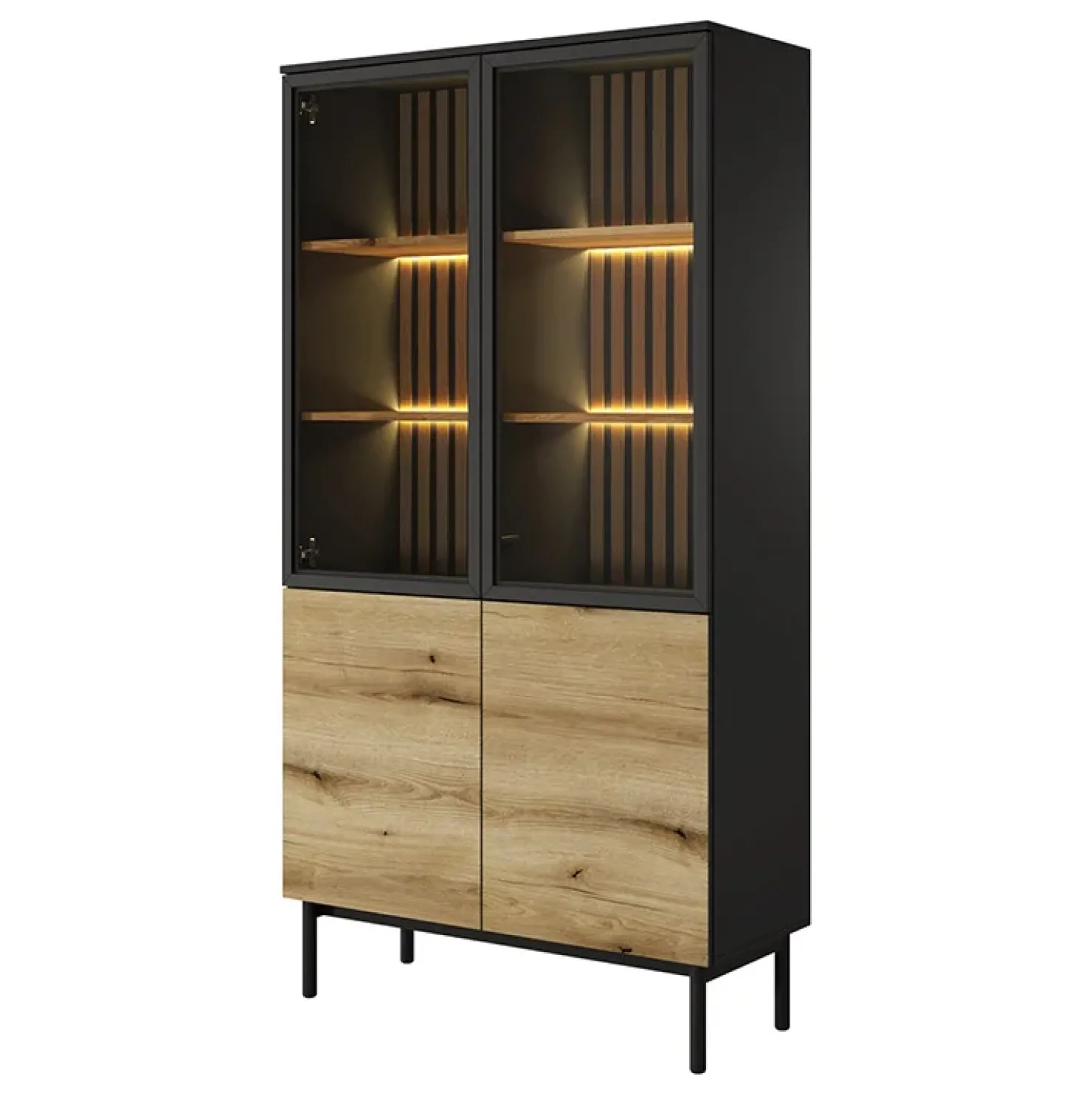 Garnero Arredamenti Vetrina alta 100x189h cm 4 ante con led nero opaco rovere Amel Hot