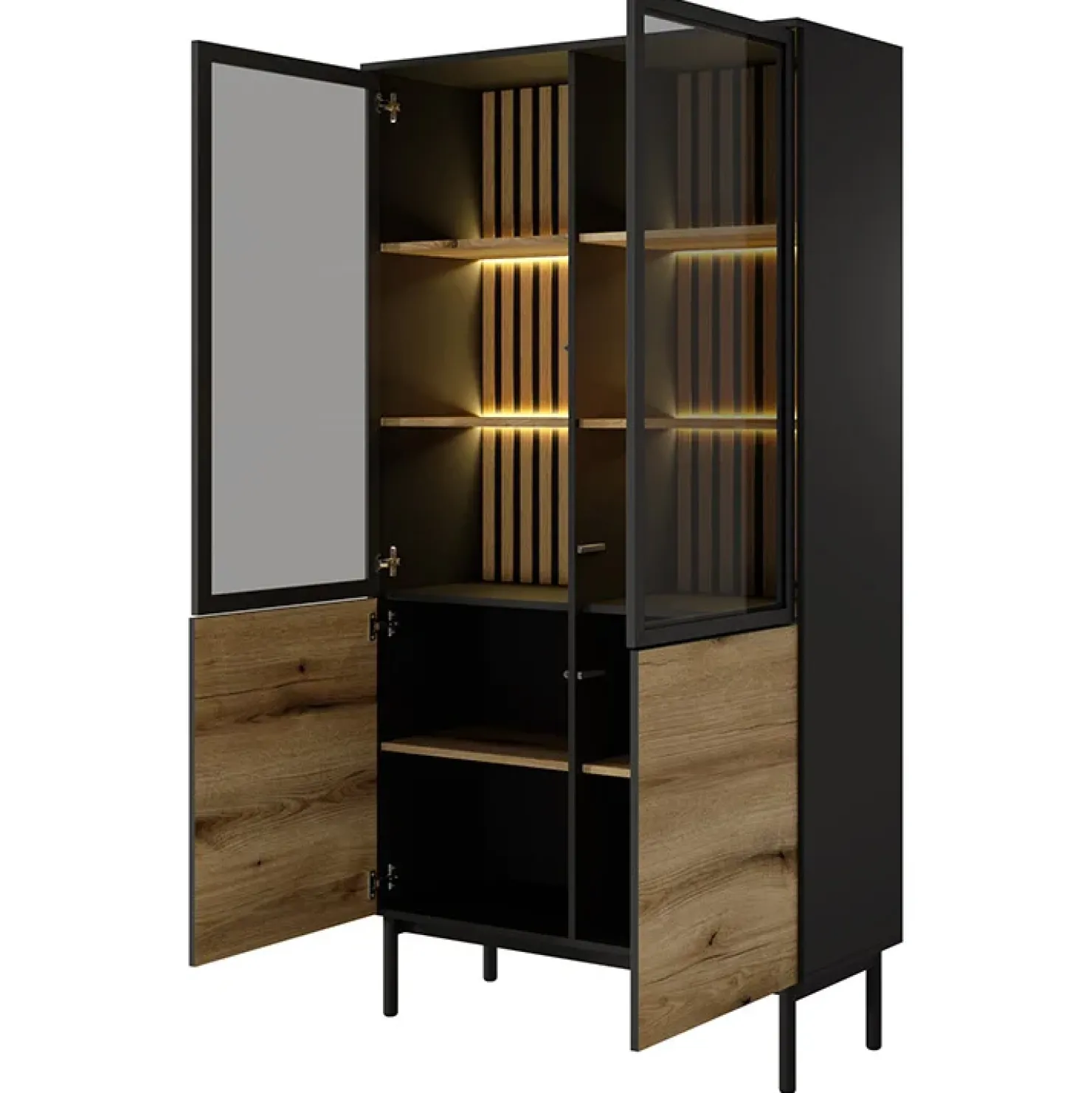 Garnero Arredamenti Vetrina alta 100x189h cm 4 ante con led nero opaco rovere Amel Hot