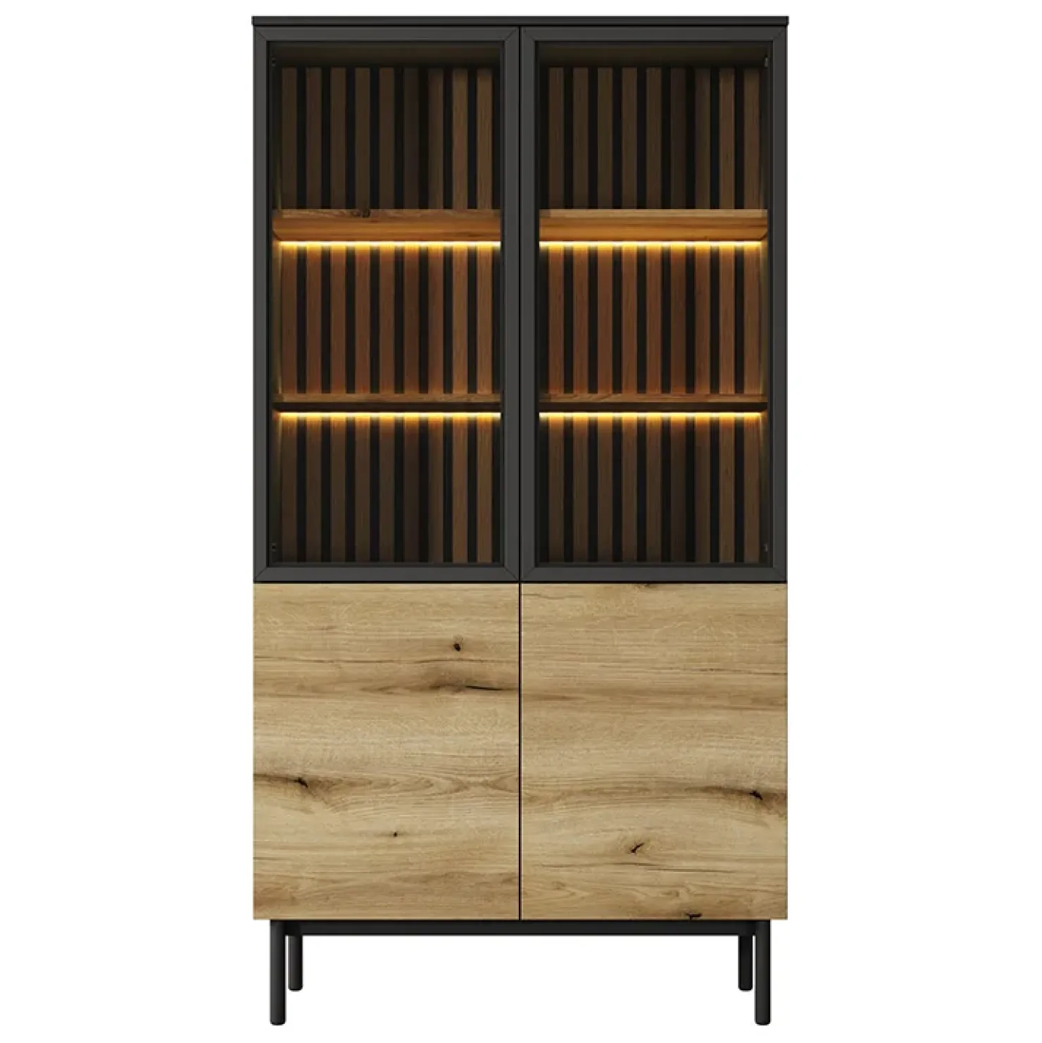 Garnero Arredamenti Vetrina alta 100x189h cm 4 ante con led nero opaco rovere Amel Hot