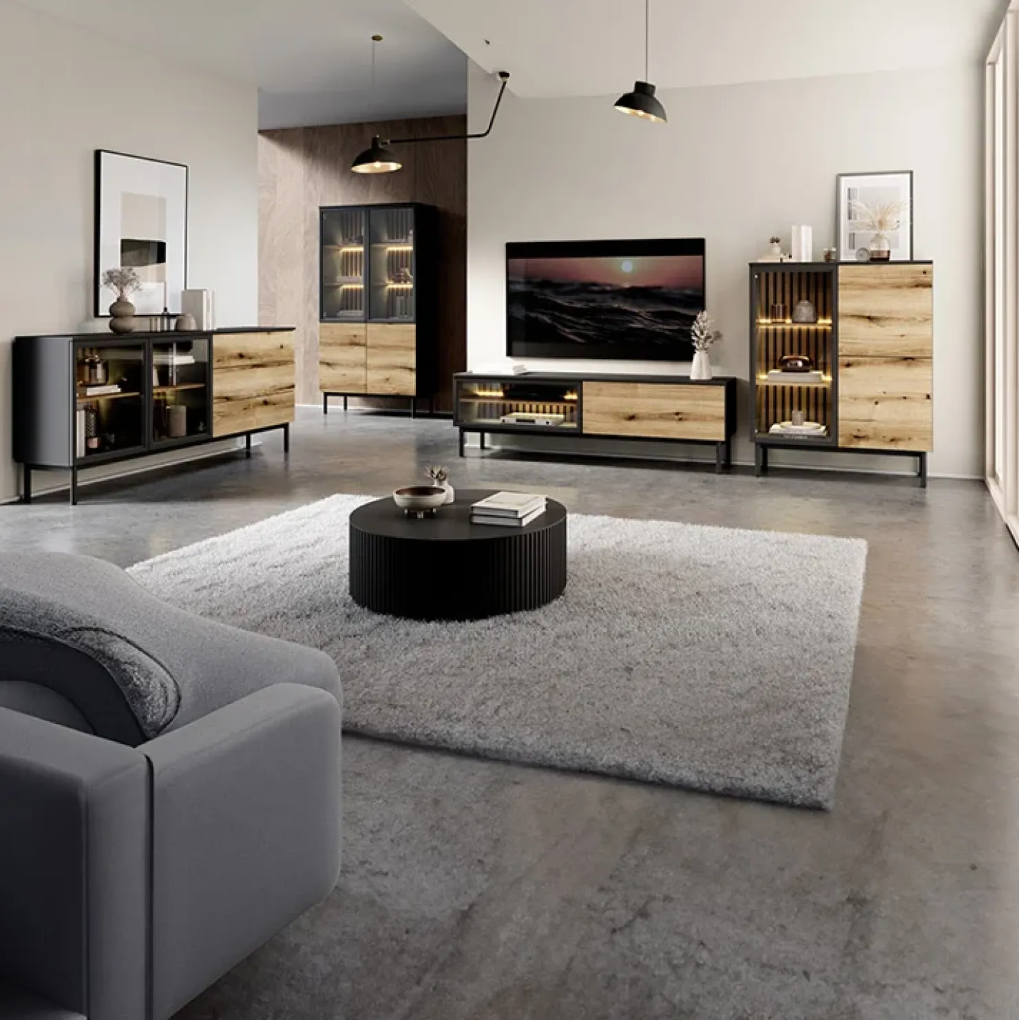 Garnero Arredamenti Vetrina alta 100x189h cm 4 ante con led nero opaco rovere Amel Hot