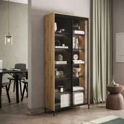 Garnero Arredamenti Vetrina alta 92x196h cm 2 ante led nero Camelia Rovere Rustico Clearance