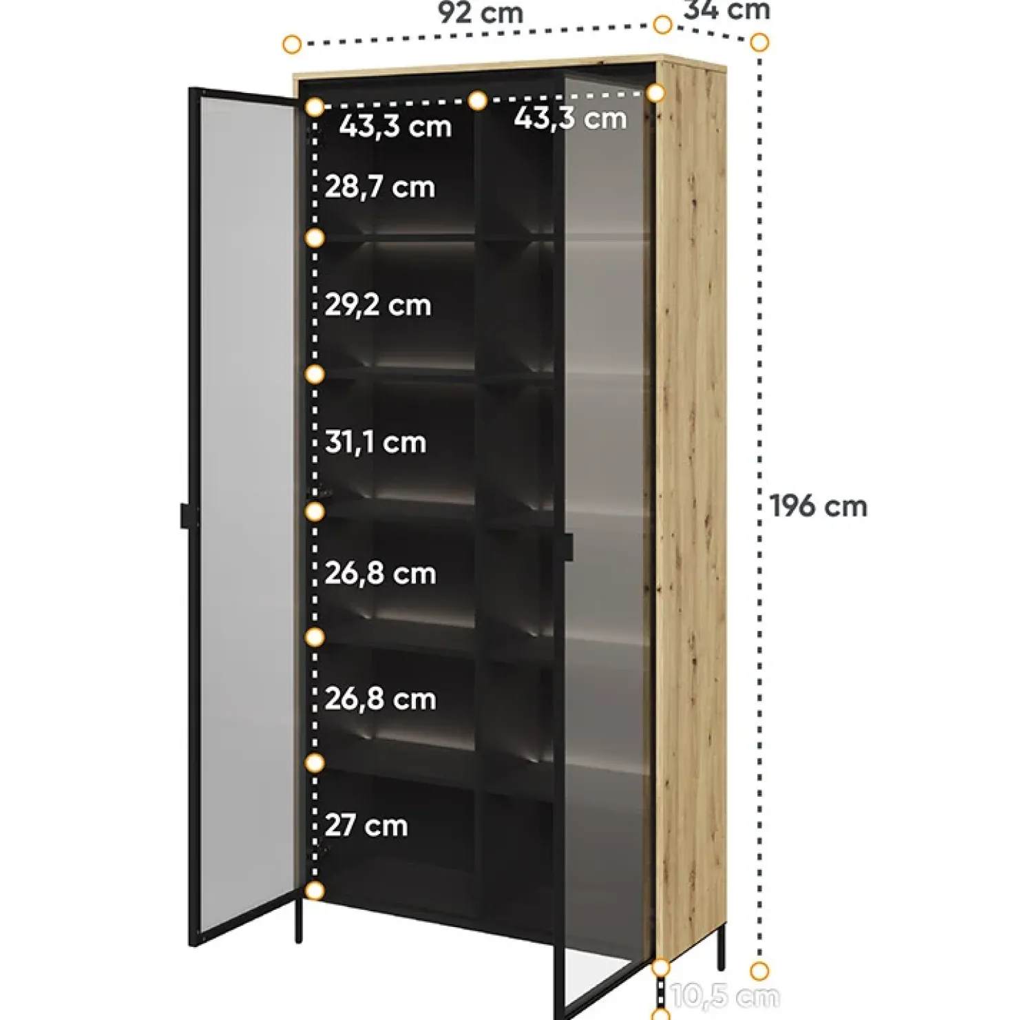 Garnero Arredamenti Vetrina alta 92x196h cm 2 ante led nero Camelia Rovere Rustico Clearance