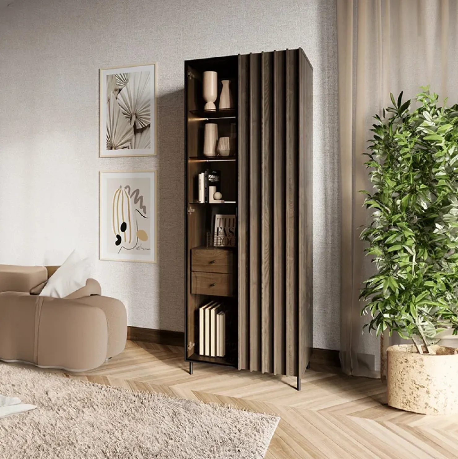 Garnero Arredamenti Vetrina alta 73x196h cm 2 ante led wengè Blackwood New