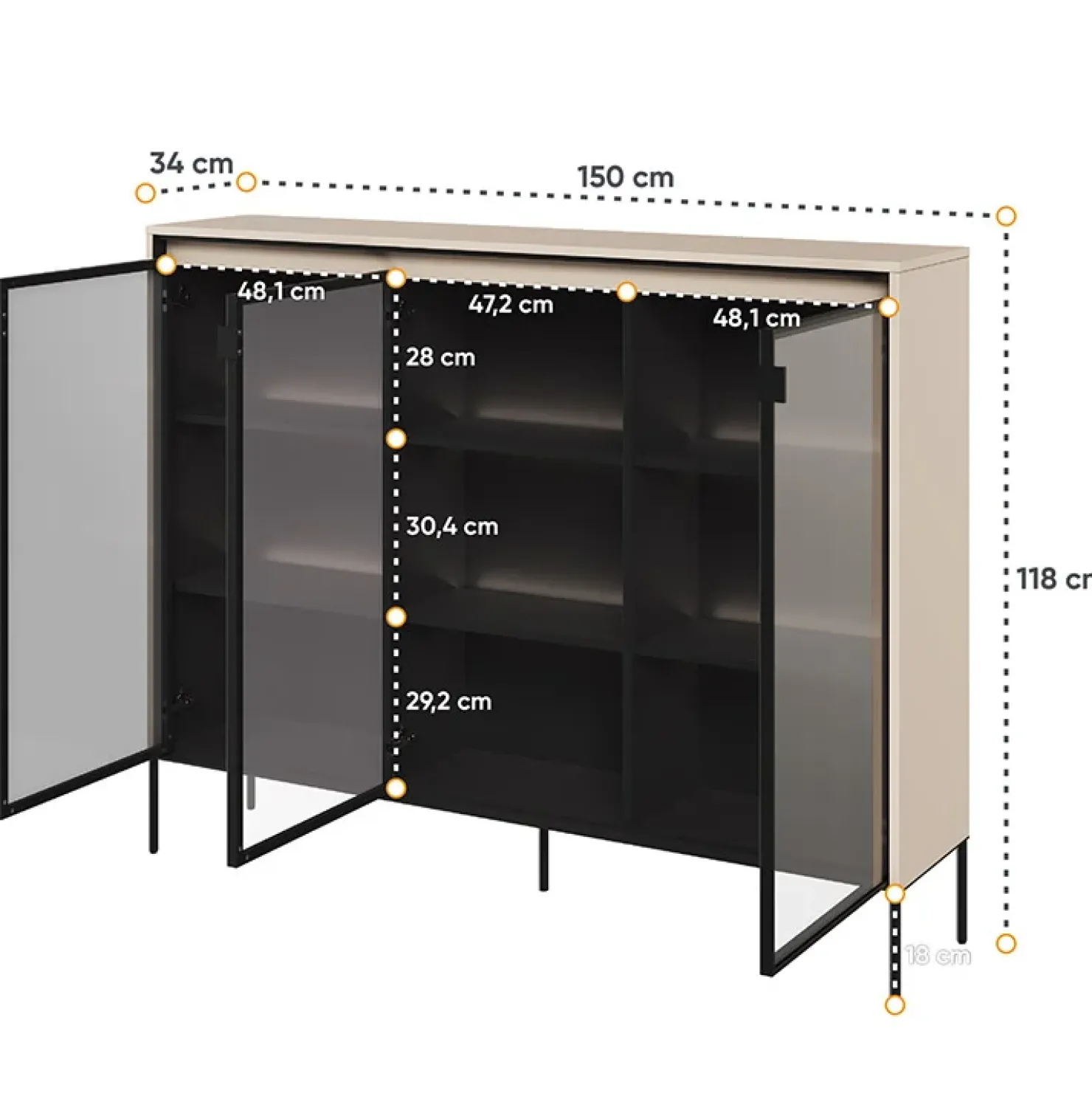 Garnero Arredamenti Vetrina bassa 150x118h cm 3 ante led nero Camelia Beige